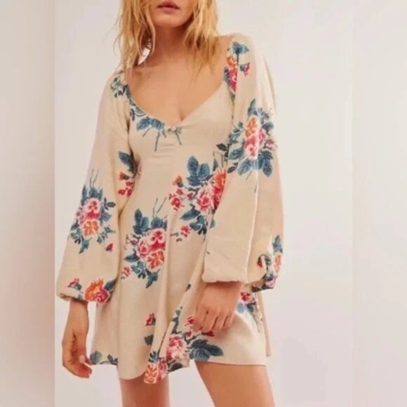 Free People Dresses & Skirts - Free People Francesca Mini Dress Ivory Floral Long Sleeve V-Neck Size XSmall